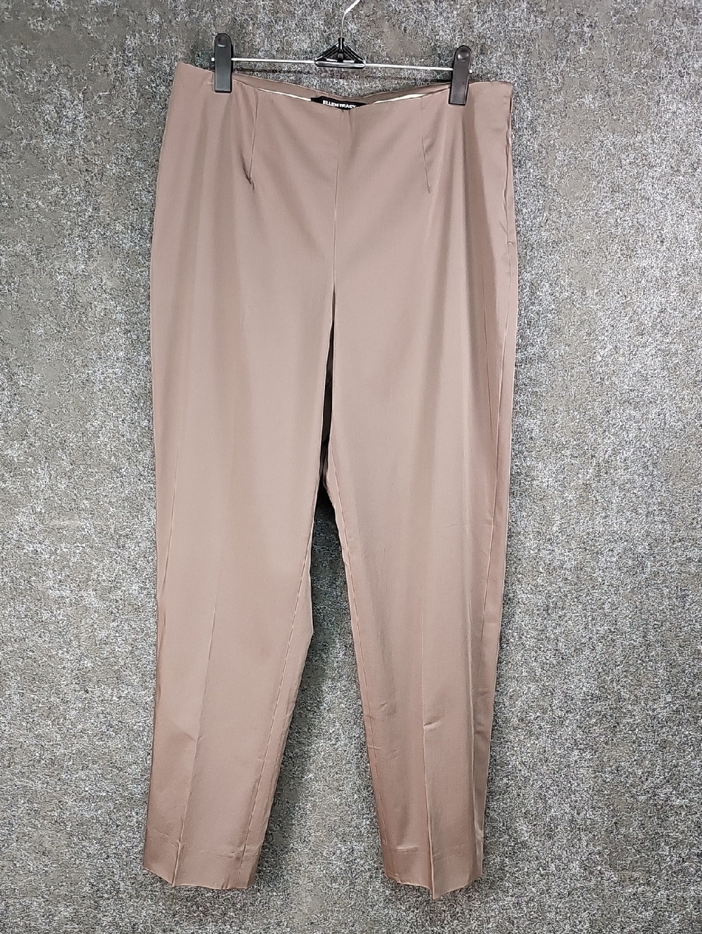 Ellen Tracy Flat Front Pants, Side Zip, Cotton Spandex, Sable Brown, Size 10